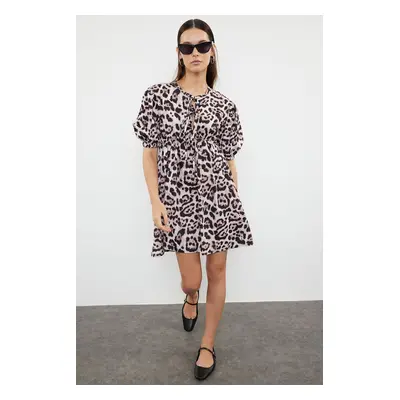 Trendyol Brown Animal Mini Bow Detail Leopard Patterned A-Line Mini Woven Dress