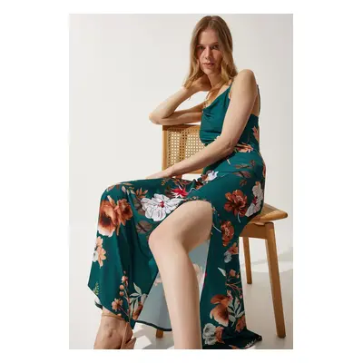 Happiness İstanbul Women's Emerald Green Floral Slit Summer Dress