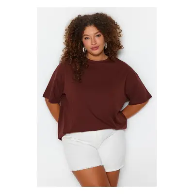 Trendyol Curve Brown Crew Neck Back Printed 100% Cotton Knitted T-shirt