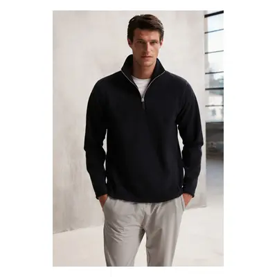 GRIMELANGE Hayes Men's Fleece Half Zipper Thick Textured Comfort Fit Navy Blue Fleece with Leath