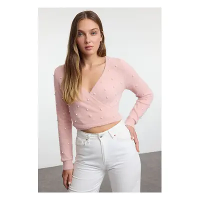 Trendyol Dusty Rose Super Crop Hairy Pearl Detailed Knitwear Sweater