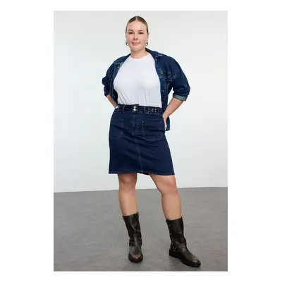 Trendyol Curve Dark Blue Aksaur Detailed Denim Plus Size Skirt