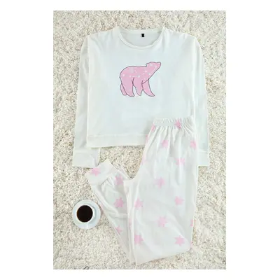 Trendyol Pink-Ecru 100% Cotton Star Patterned Knitted Pajama Set