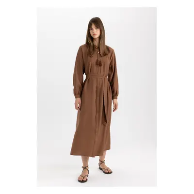 DEFACTO Regular Fit Crew Neck Long Sleeve Belted Maxi Dress