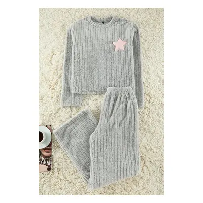 Trendyol Gray Star Embroidered Striped Loose Pattern Winter Wellsoft Knitted Pajama Set