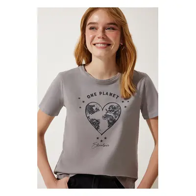 Happiness İstanbul Women's Gray Printed Knitted T-Shirt