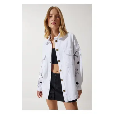 Happiness İstanbul Women's White Star Embroidered Oversize Shirt Jacket