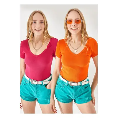 Olalook Women's Fuchsia-Orange V-Neck Short Sleeve 2-Pack Suit Blouse