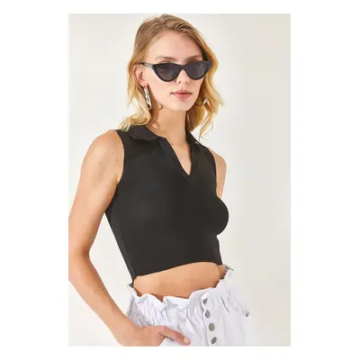 Olalook Women's Black Polo Neck Sleeveless Crop Knitwear Blouse