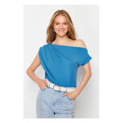 Trendyol Indigo Regular/Normal Fit Asymmetric Collar Zero Sleeve Flexible Knitted Blouse