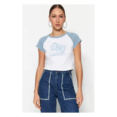 Trendyol Blue 100% Cotton Printed Fitted/Simple Crop Crew Neck Knitted T-Shirt