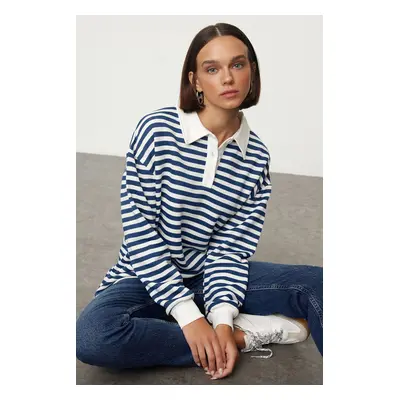 Trendyol Blue Striped Polo Neck Thick Fleece Inside Oversize Knitted Sweatshirt