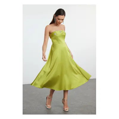 Trendyol Oil Green A-Line Neckline Elegant Evening Dress with Stone Accessory Detail