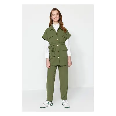 Trendyol Khaki Gold Buttoned Vest-Pants Knitted Suit