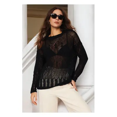 Trendyol Black Cotton Blended Openwork/Hole Knitwear Sweater