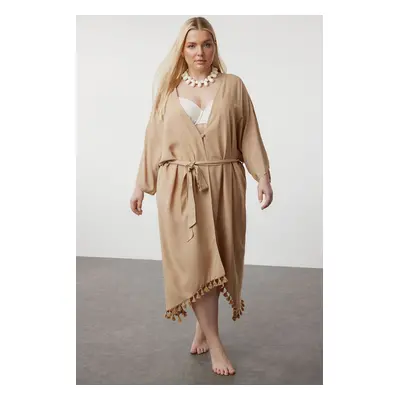 Trendyol Curve Beige Hem Tasseled Bat Sleeve Viscose Beach Wear Kimono & Kaftan