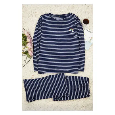 Trendyol Curve Navy Blue Striped Crew Neck Knitted Pajamas Set