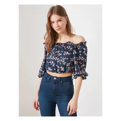 Dark Blue Floral Short Blouse with Off Shoulders Trendyol - Women