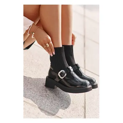 Patent Leather Ankle Boots With Sock And Buckle Slip-On Black