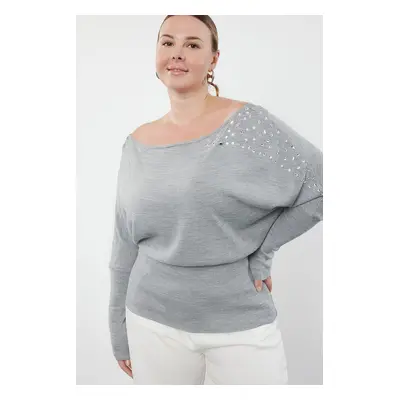 Trendyol Curve Gray Melange Low Shoulder Stoned Knitwear Sweater