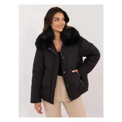 Black quilted winter jacket with fur