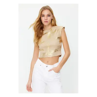 Trendyol Stone Foil/Glossy Print Fitted Crop Cotton Stretch Knitted Blouse