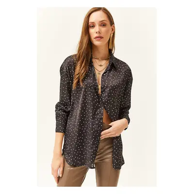 Olalook Women's Polka Dot Black Patterned Oversize Satin Shirt