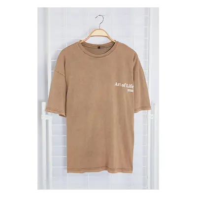 Trendyol Brown Oversize/Wide Cut Faded Effect Text Printed 100% Cotton T-Shirt