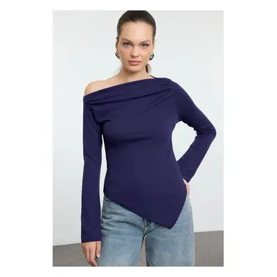 Trendyol Navy Blue Draped Boat Neck Asymmetric Flexible Knitted Blouse