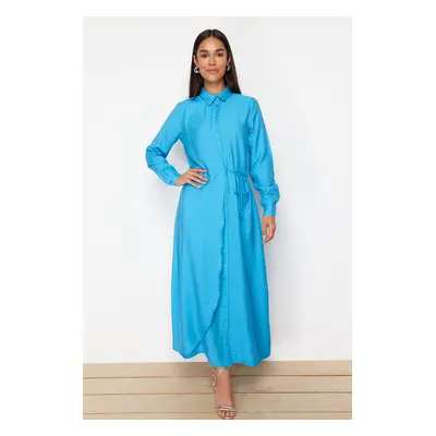 Trendyol Turquoise Side Tie Buttoned Woven Shirt Linen Look Dress