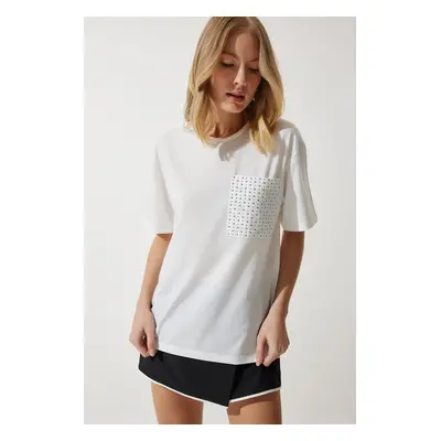 Happiness İstanbul Women's White Stone Detailed Oversize T-Shirt