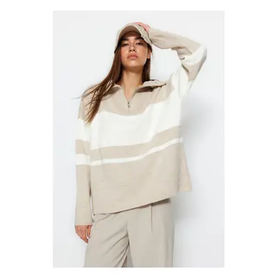 Trendyol Stone Wide Fit Basic Color Block kötöttáru pulóver