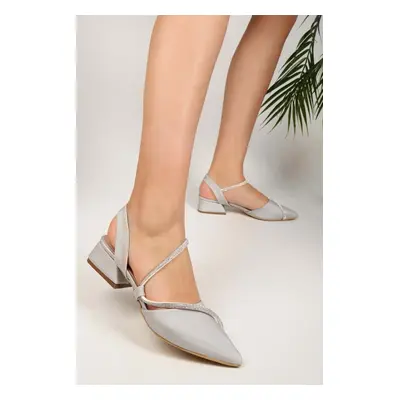 Shoeberry Women's Tue Silver Satin Stone Heeled Shoes