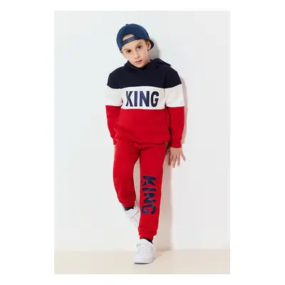 Trendyol Red Boy Slogan Printed Hooded Knitted Top-Bottom Set