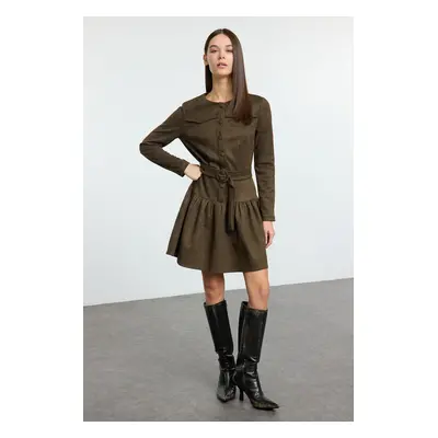 Trendyol Khaki Belted Skater/Waist Open Pleated Skirted Suede Mini Woven Dress