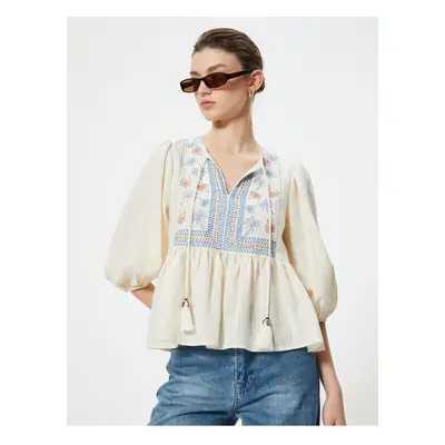 Koton Balloon Sleeve Blouse Lace Collar Beaded Cotton