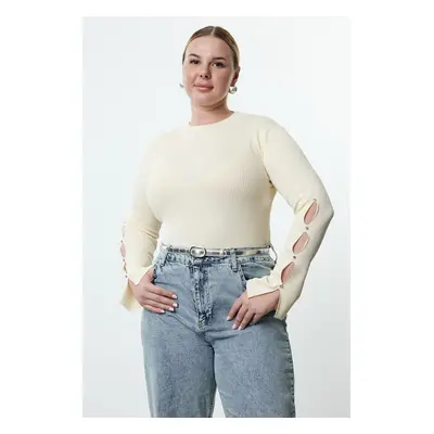 Trendyol Curve Cream Ribbed Knitwear Plus Size Blouse