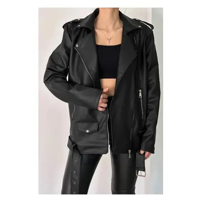 66796 Dewberry Oversize Women PU Jacket-BLACK