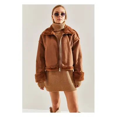 Bianco Lucci Women's Shearling Side Pockets Welt Suede Coat