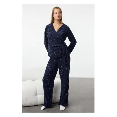 Trendyol Navy Blue Heart-shaped Tie Detailed Polar Fleece Winter Knitted Pajama Set