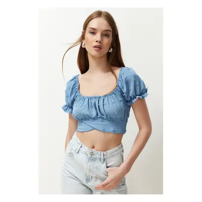 Trendyol Blue Crop Sleeve Detailed Woven Blouse