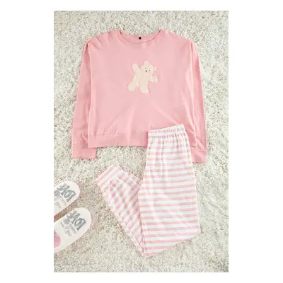 Trendyol Pink 100% Cotton Teddy Bear Knitted Pajama Set