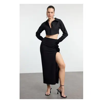 Trendyol Limited Edition Black Knitted Rose Detail Midi Skirt