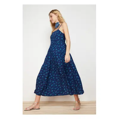 Trendyol Indigo A-line Floral Print Strappy Midi Woven Dress