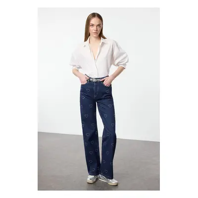 Trendyol Dark Blue Heart Printed Stoned High Waist Wide Leg Jeans