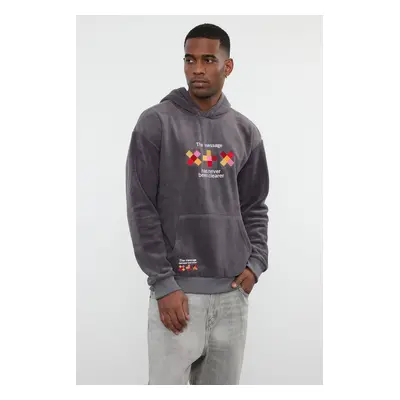 Trendyol Anthracite Oversize/Wide Cut Hooded Embroidered Anti-pilling Fleece Sweatshirt