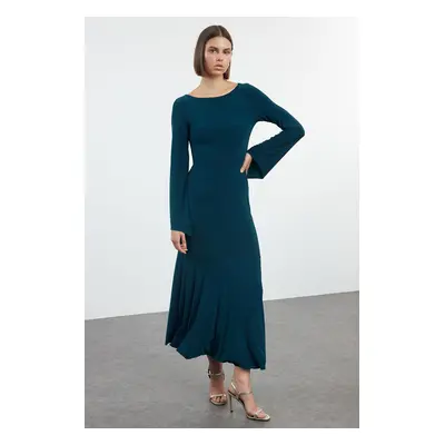 Trendyol Emerald Green Straight Boat Neck Fitted Skirt Flounce Maxi Flexible Knitted Dress