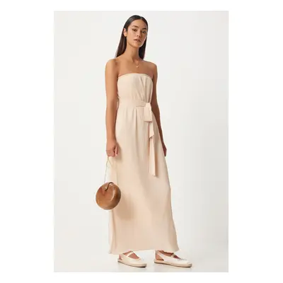 Happiness İstanbul Women's Cream Strapless Belted Pleated Dress