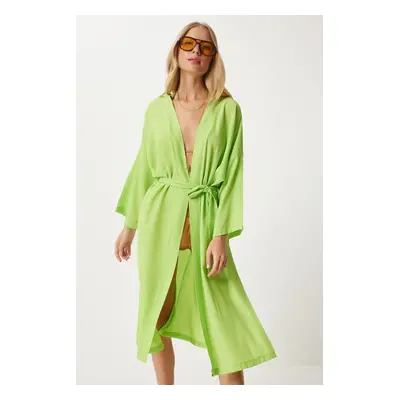 Happiness İstanbul Women's Pistachio Green Belted Crinkle Viscose Kimono