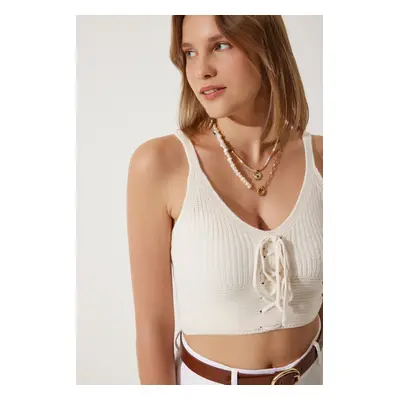 Happiness İstanbul Women's Cream Zigzag Drawstring Tricot Crop Top